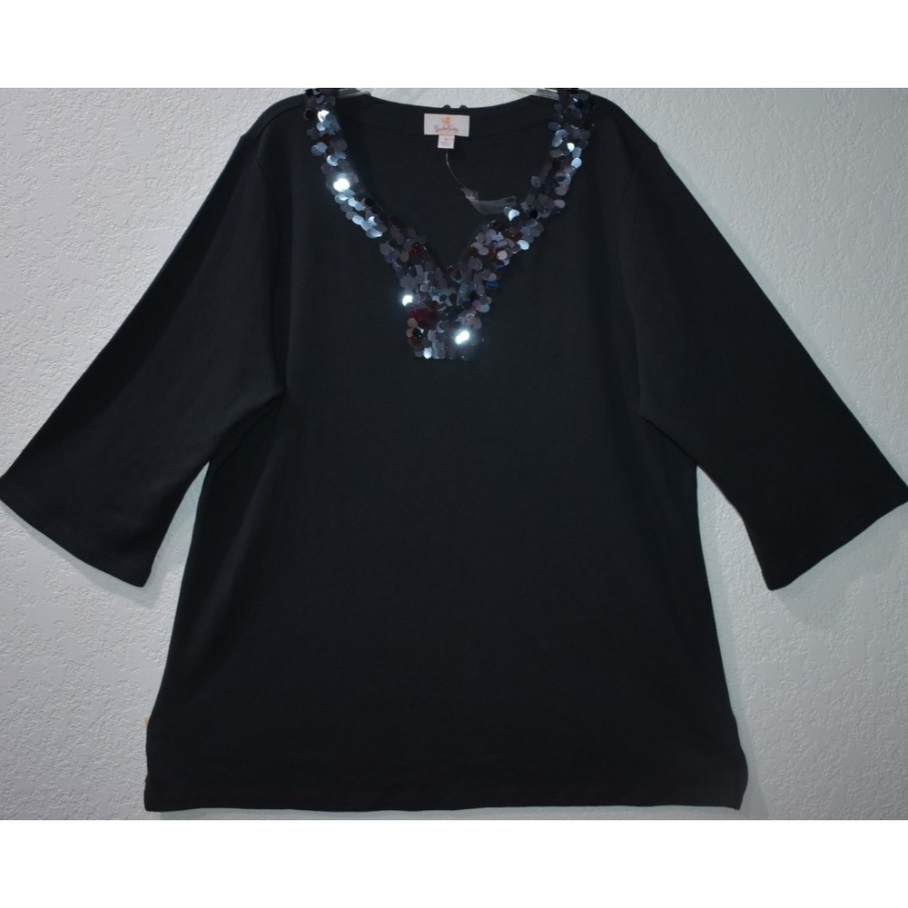 Quacker Factory Tunic Top XL Sequin Embellished Neckline BLACK 3/4 Slv Pullover